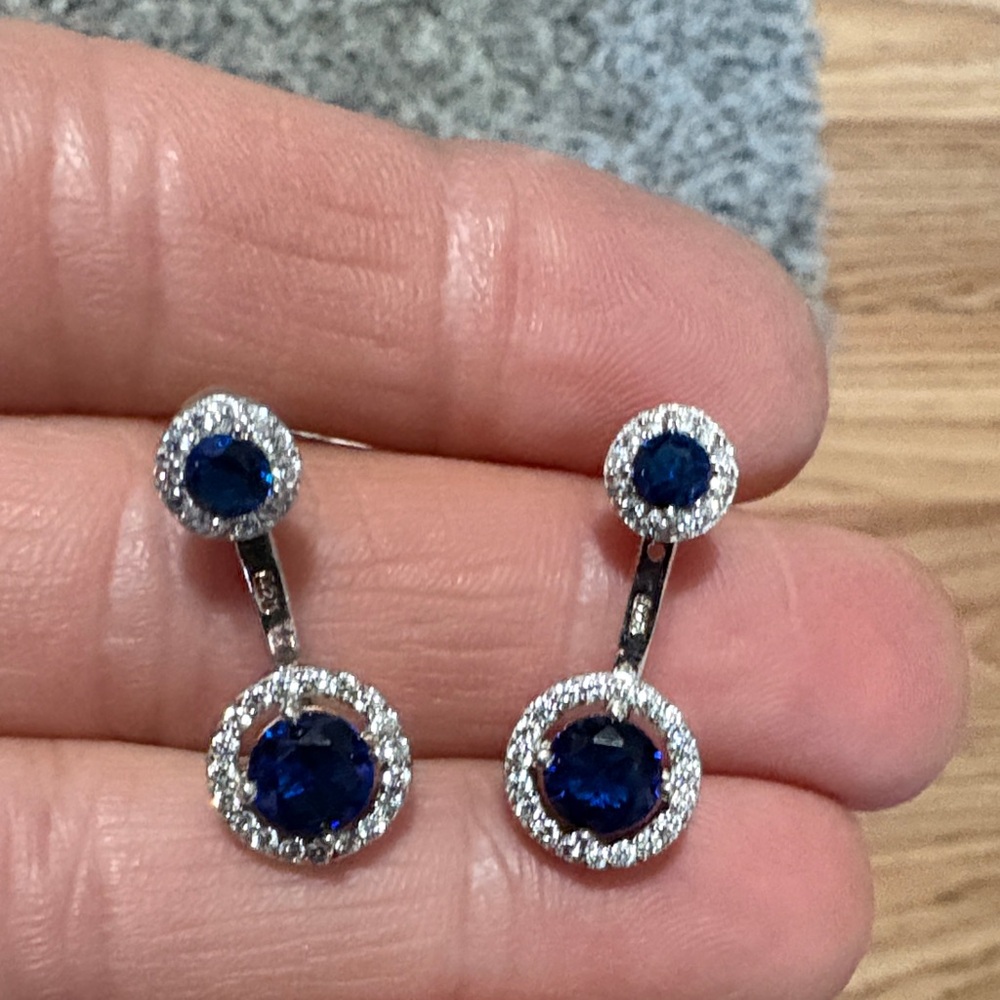 VINTAGE DOUBLE TWO-WAY BLUE SAPPHIRE .925 STERLING SILVER DROP 1.2" EARRINGS